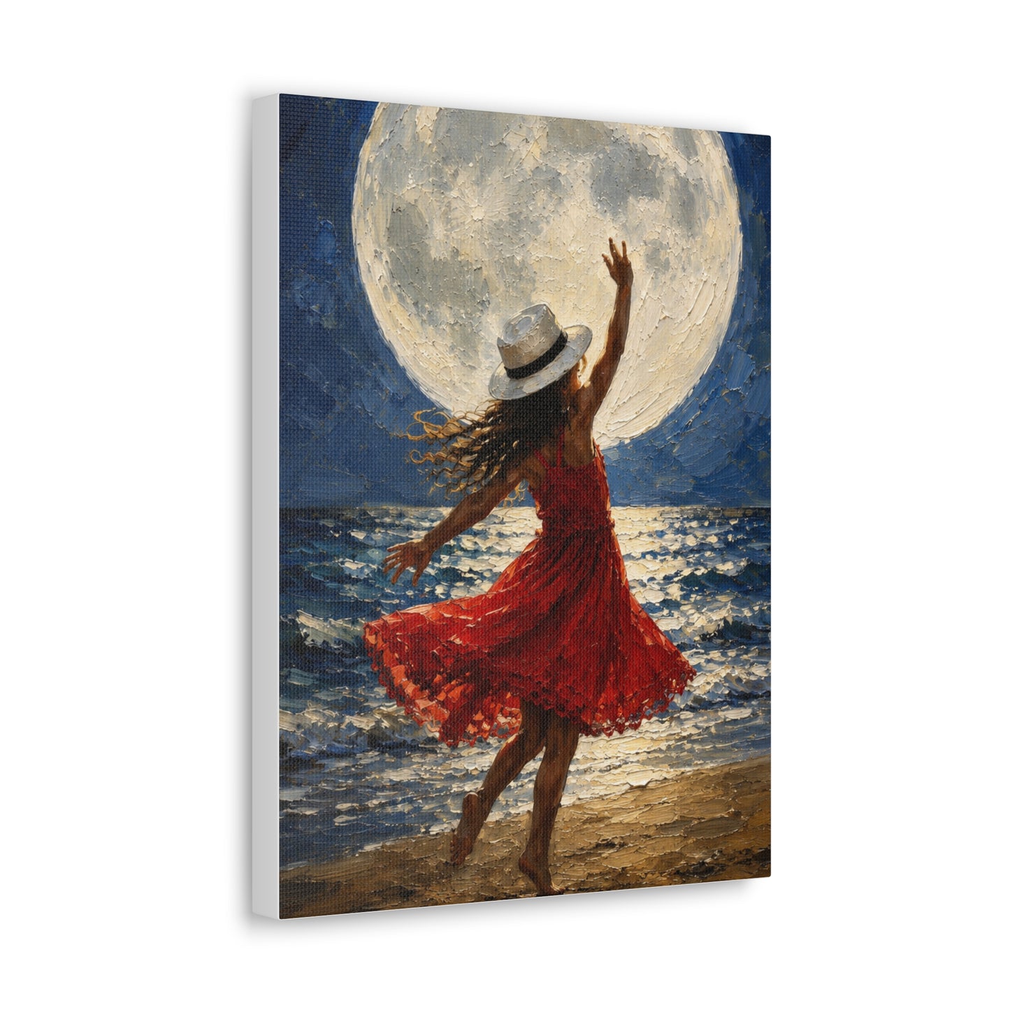 Moonlit Dance Canvas Wall Art – Woman in Red Dress Beach Painting