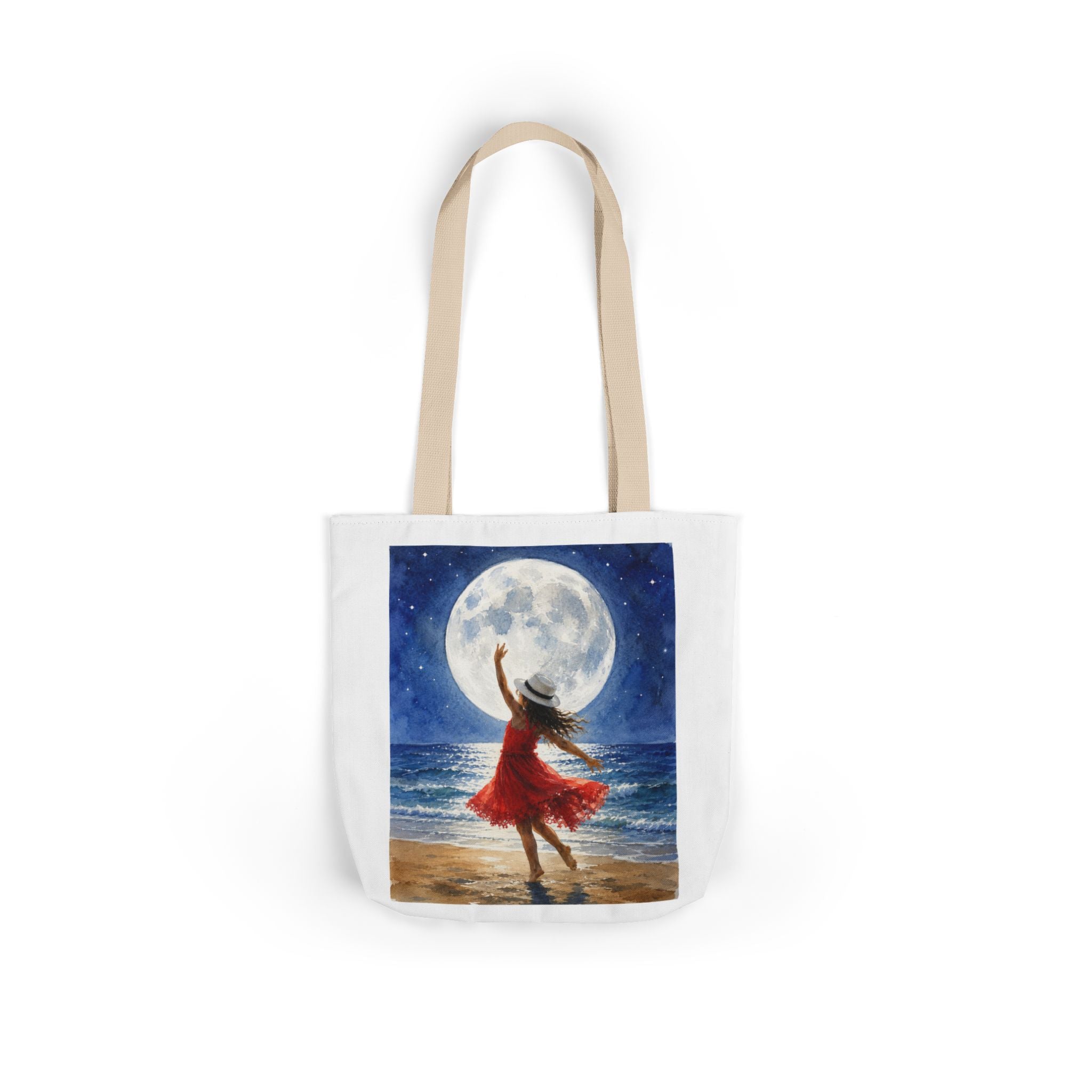 Moonlit Dance Canvas Tote Bag — Woman in Red Dress Beach Art Tote