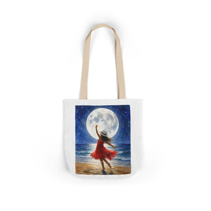 Moonlit Dance Canvas Tote Bag — Woman in Red Dress Beach Art Tote