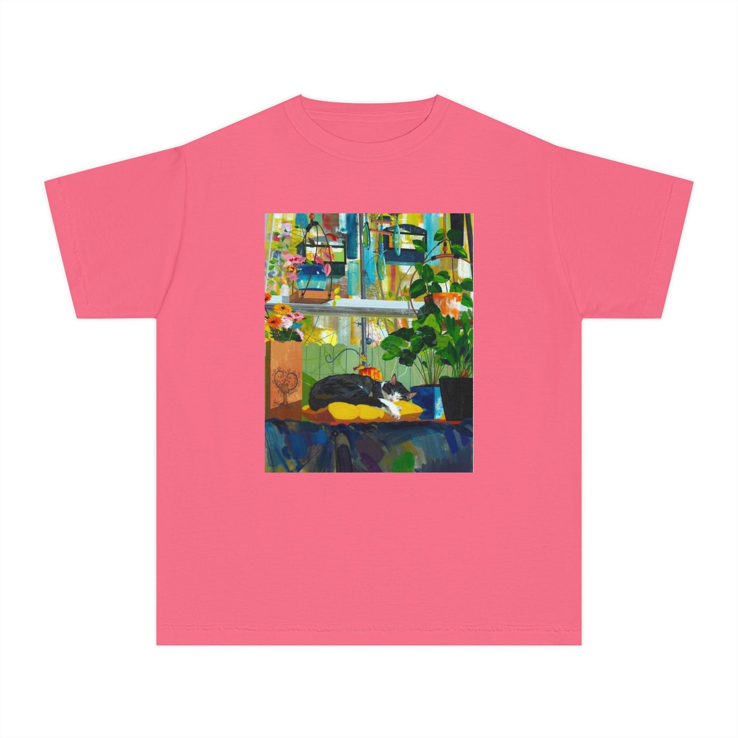 Youth Tee — Cozy Window Cat Print