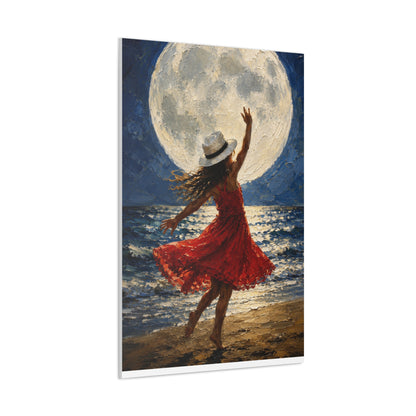 Moonlit Dance Canvas Wall Art – Woman in Red Dress Beach Painting