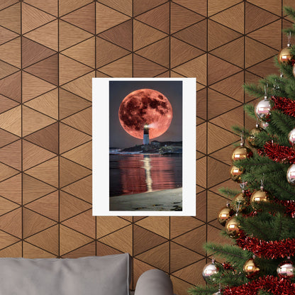 Red Moon Lighthouse Matte Vertical Poster — Surreal Coastal Wall Art