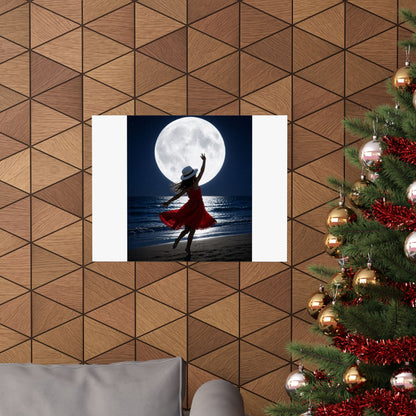 Moonlight Dance Beach Poster — Woman in Red Dress Silhouette Matte Horizontal Art Print