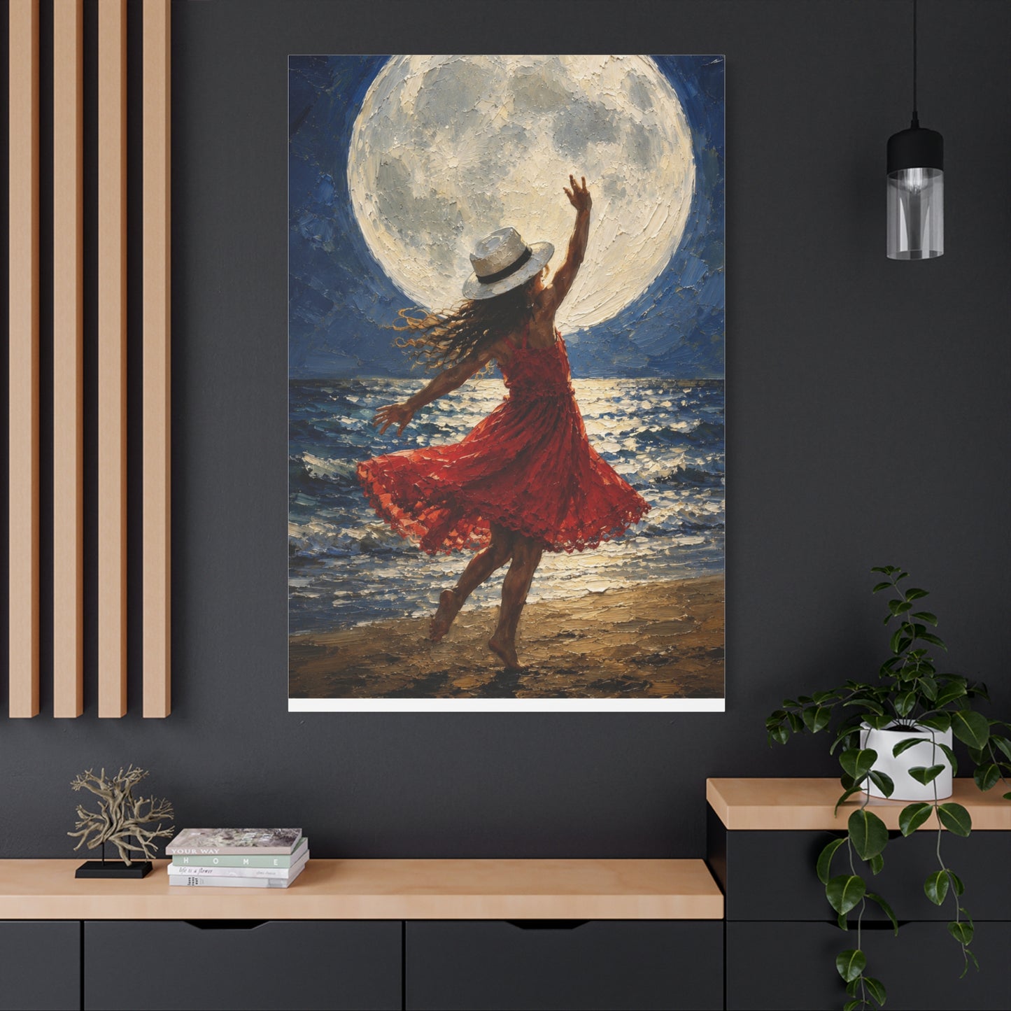 Moonlit Dance Canvas Wall Art – Woman in Red Dress Beach Painting