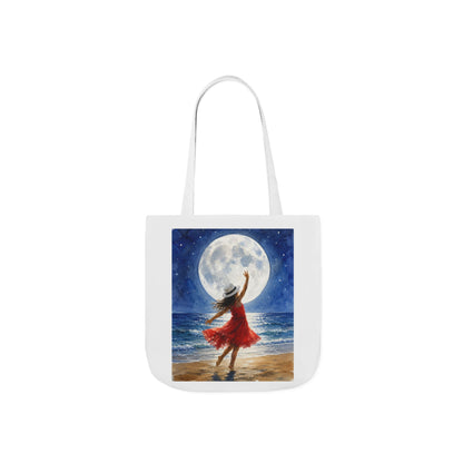Moonlit Dance Canvas Tote Bag — Woman in Red Dress Beach Art Tote