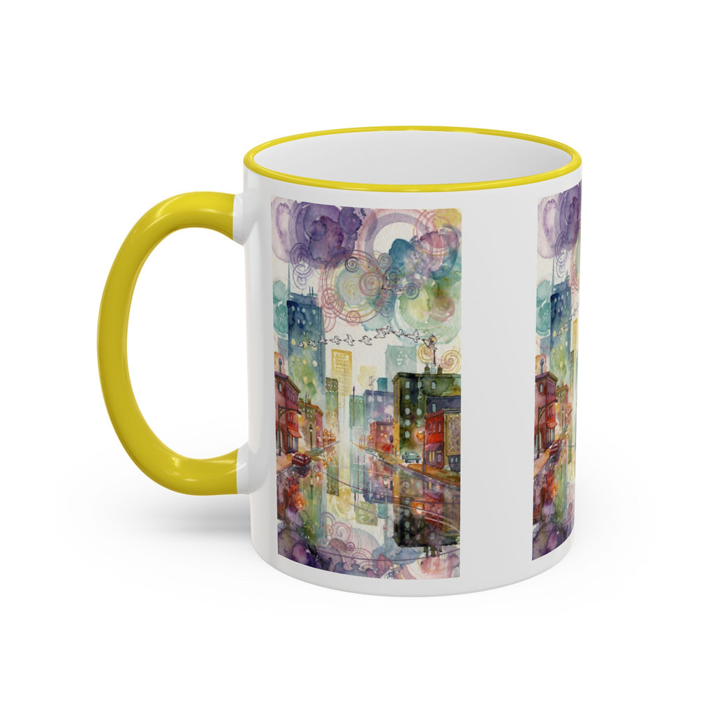 Abstract Cityscape Accent Rim Mug – Colorful Urban Watercolor Coffee Cup (11oz/15oz)
