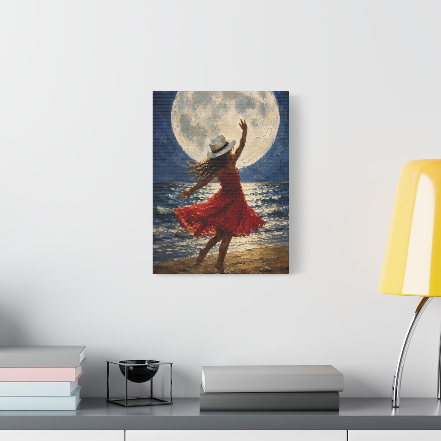 Moonlit Dance Canvas Wall Art – Woman in Red Dress Beach Painting