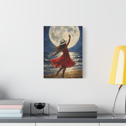 Moonlit Dance Canvas Wall Art – Woman in Red Dress Beach Painting
