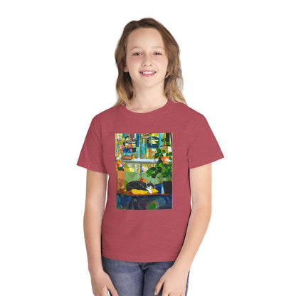 Youth Tee — Cozy Window Cat Print