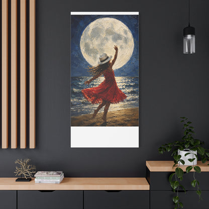 Moonlit Dance Canvas Wall Art – Woman in Red Dress Beach Painting