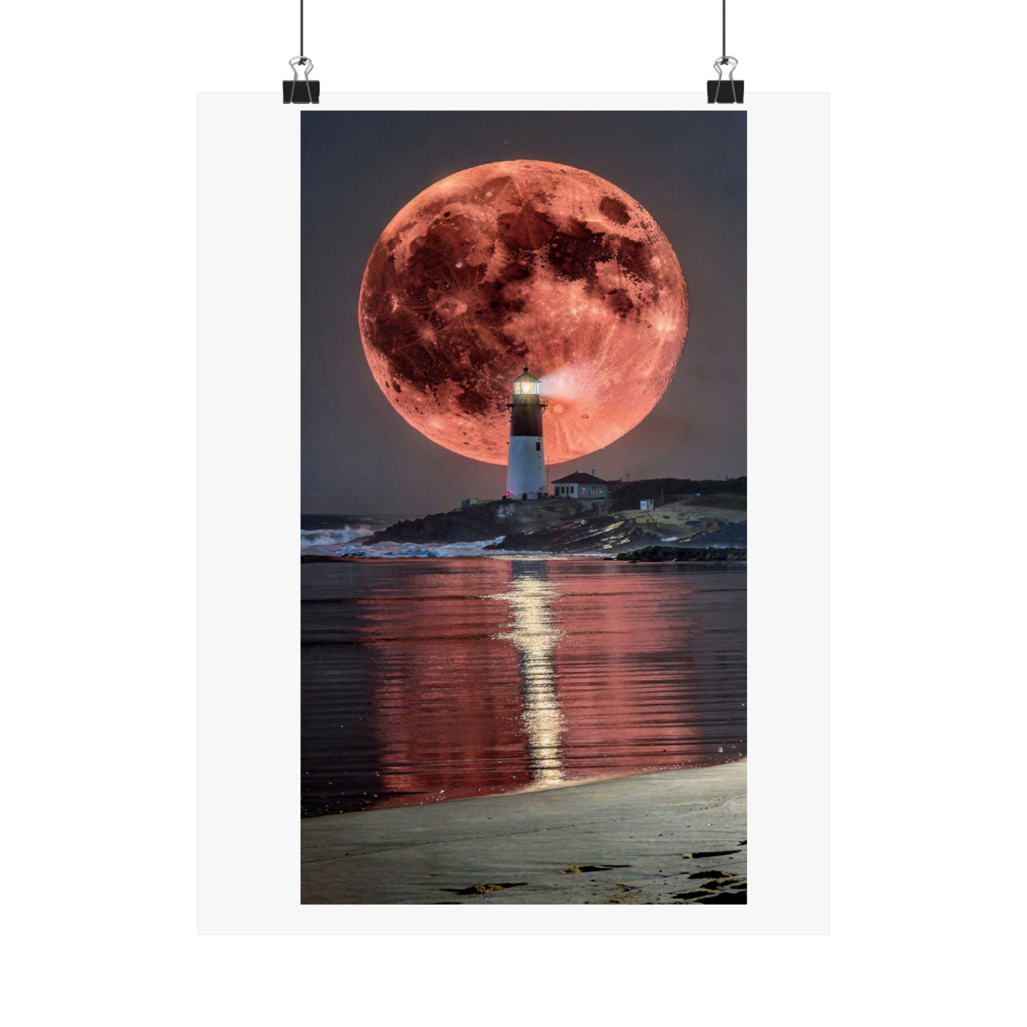 Red Moon Lighthouse Matte Vertical Poster — Surreal Coastal Wall Art