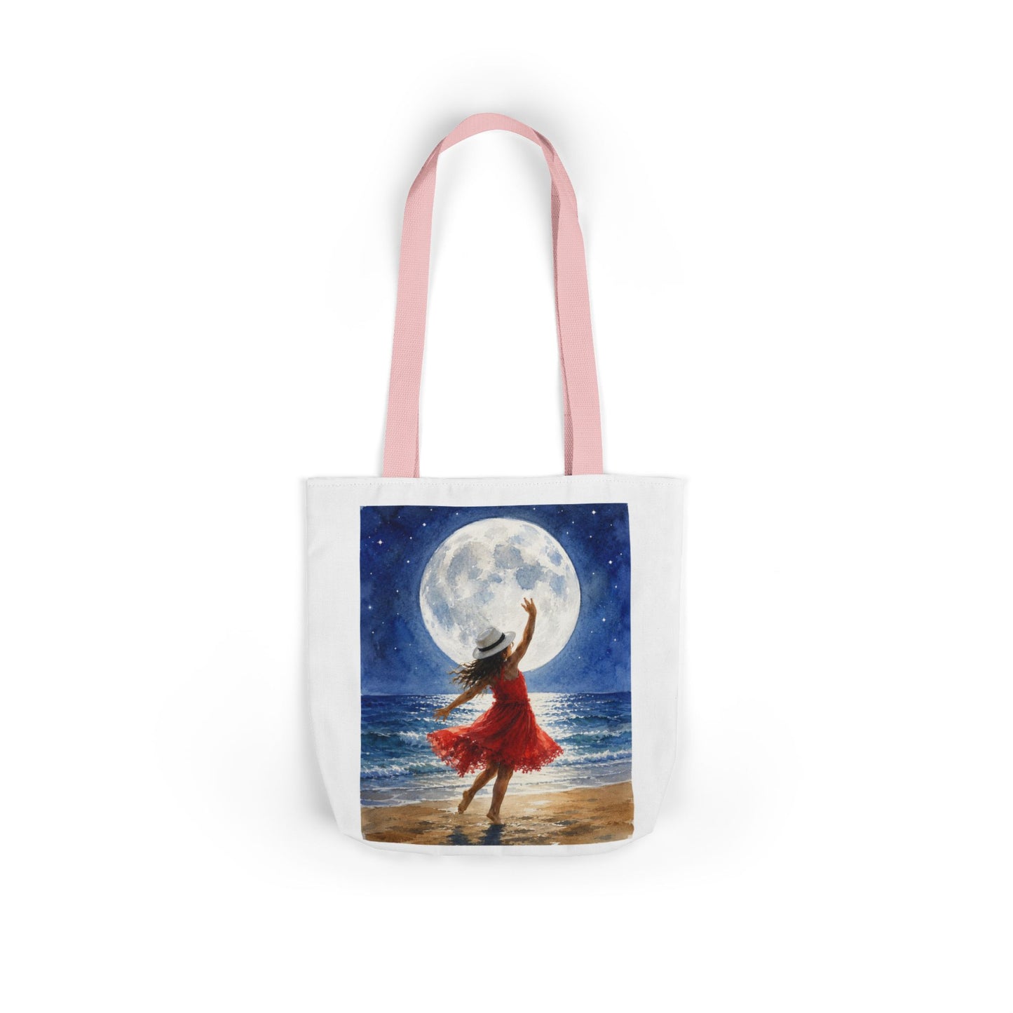 Moonlit Dance Canvas Tote Bag — Woman in Red Dress Beach Art Tote