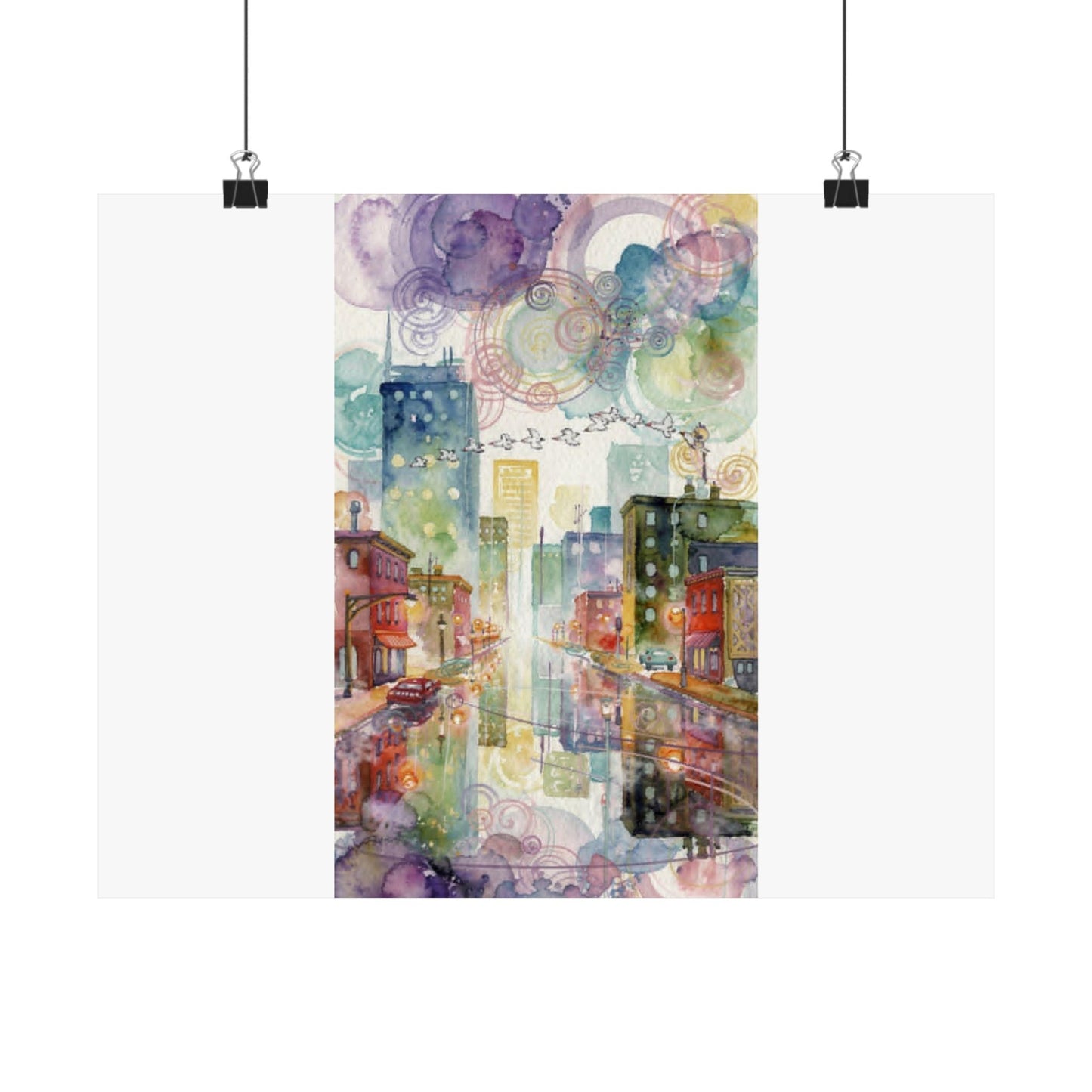 Watercolor Cityscape Matte Poster — Vibrant Urban Street Art Print