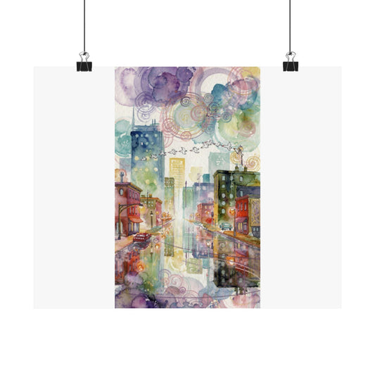 Watercolor Cityscape Matte Poster — Vibrant Urban Street Art Print