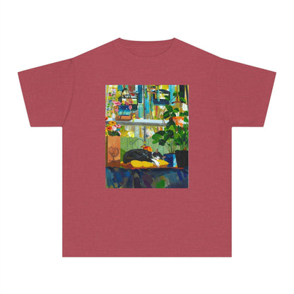 Youth Tee — Cozy Window Cat Print