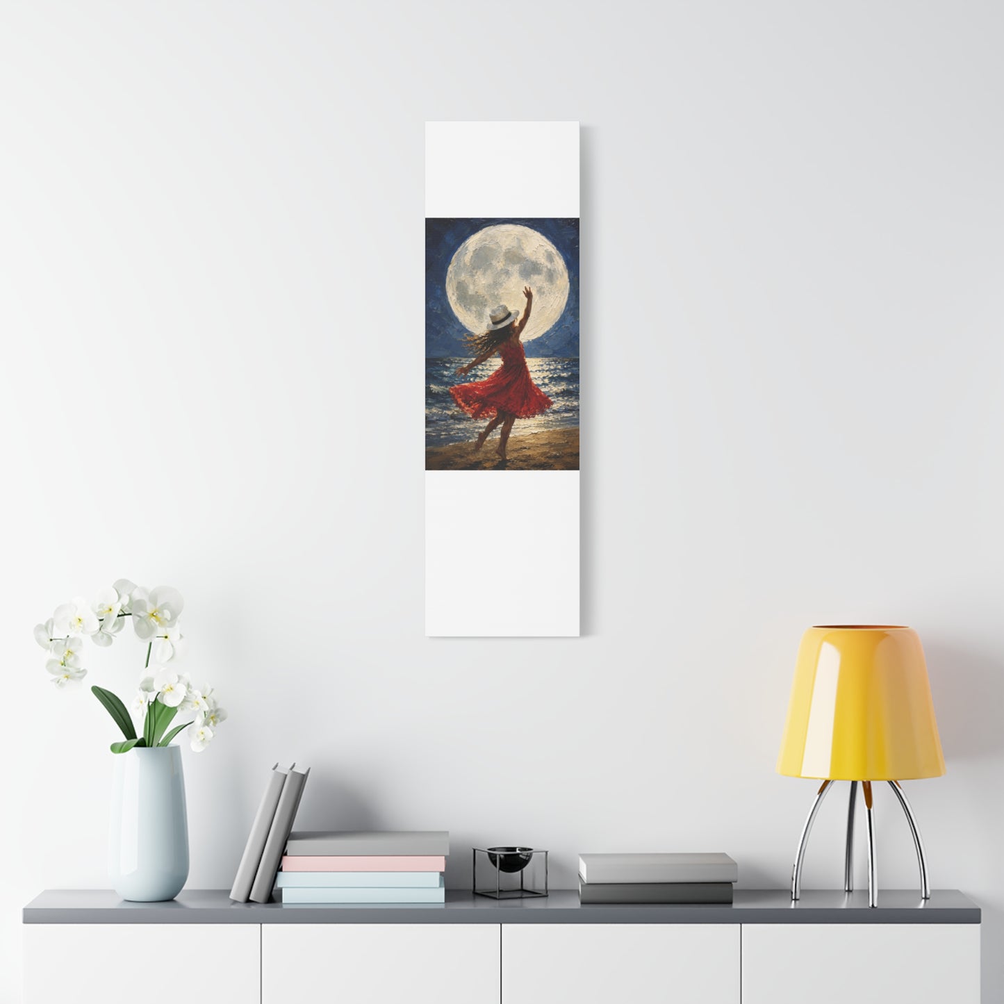 Moonlit Dance Canvas Wall Art – Woman in Red Dress Beach Painting