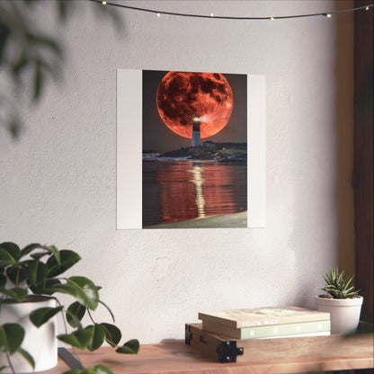 Red Moon Lighthouse Matte Vertical Poster — Surreal Coastal Wall Art