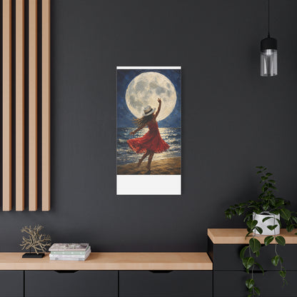 Moonlit Dance Canvas Wall Art – Woman in Red Dress Beach Painting