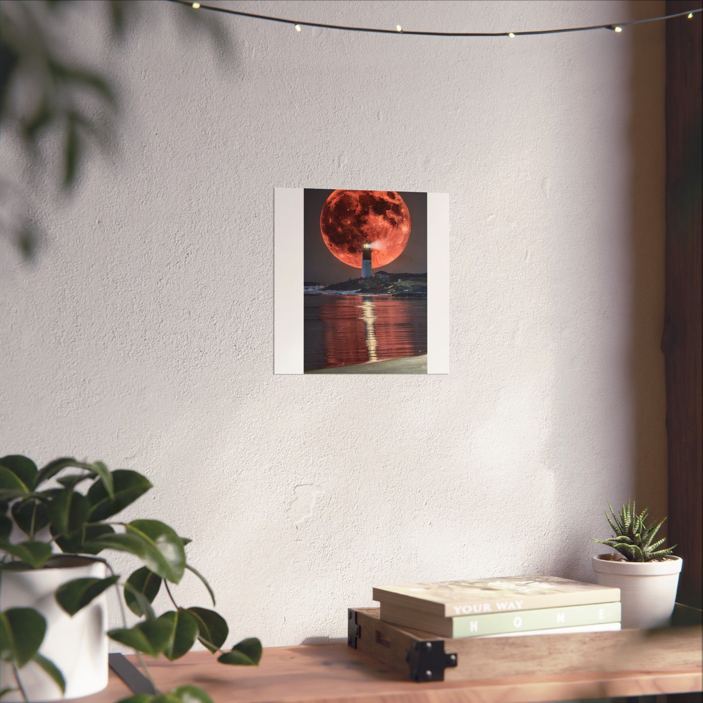 Red Moon Lighthouse Matte Vertical Poster — Surreal Coastal Wall Art