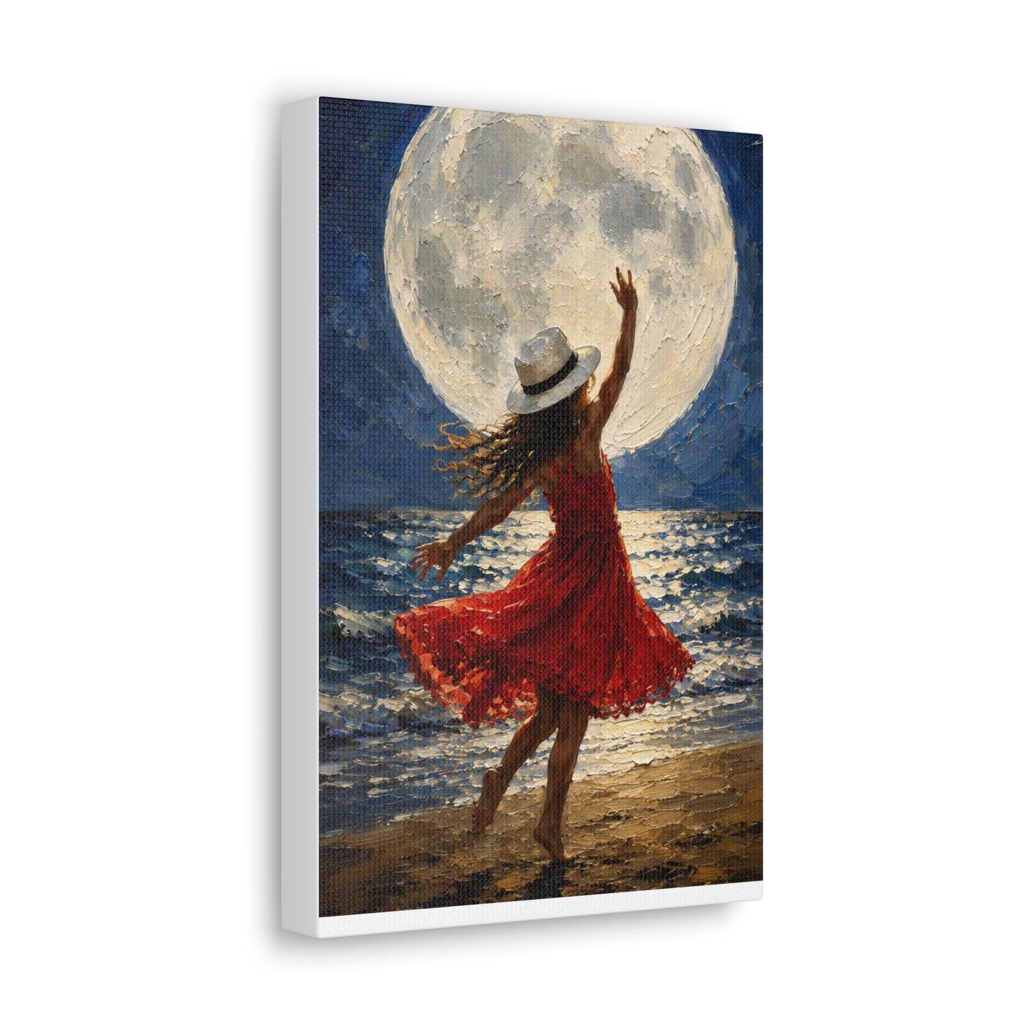 Moonlit Dance Canvas Wall Art – Woman in Red Dress Beach Painting