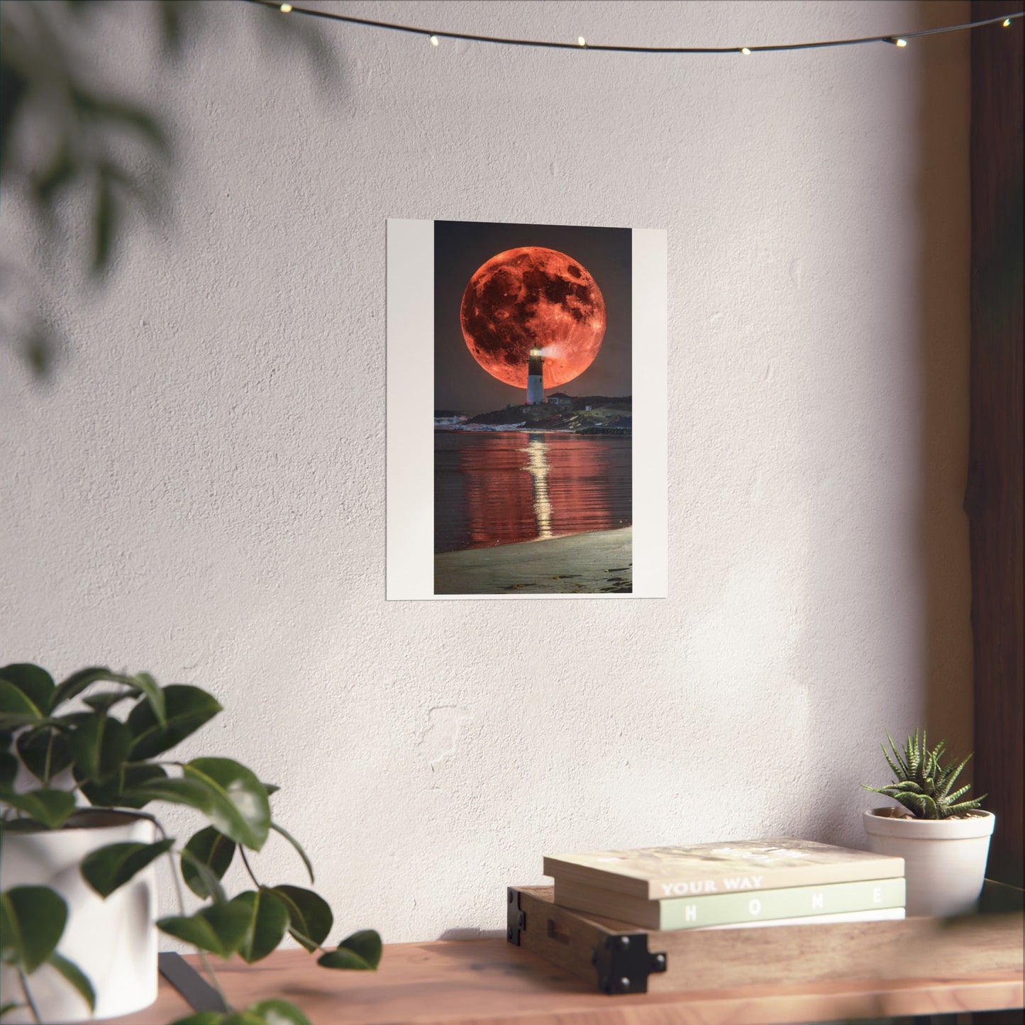Red Moon Lighthouse Matte Vertical Poster — Surreal Coastal Wall Art
