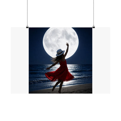 Moonlight Dance Beach Poster — Woman in Red Dress Silhouette Matte Horizontal Art Print