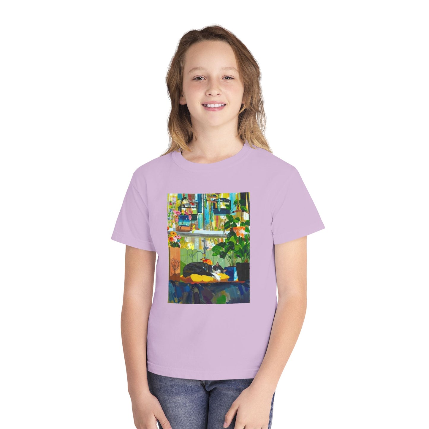 Youth Tee — Cozy Window Cat Print