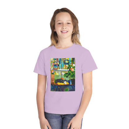 Youth Tee — Cozy Window Cat Print