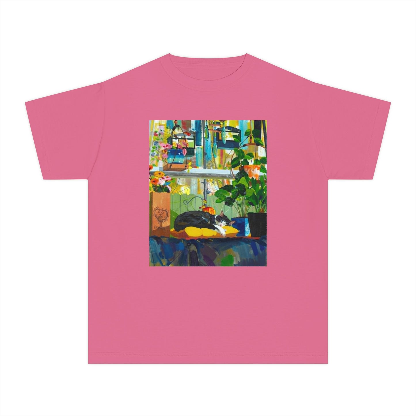Youth Tee — Cozy Window Cat Print