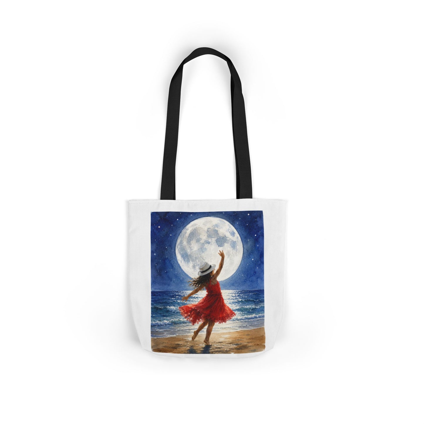 Moonlit Dance Canvas Tote Bag — Woman in Red Dress Beach Art Tote
