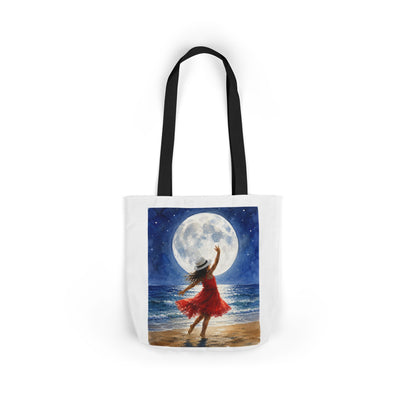 Moonlit Dance Canvas Tote Bag — Woman in Red Dress Beach Art Tote