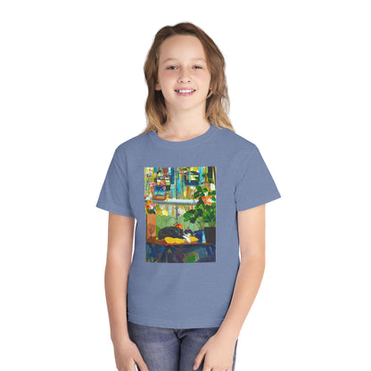 Youth Tee — Cozy Window Cat Print