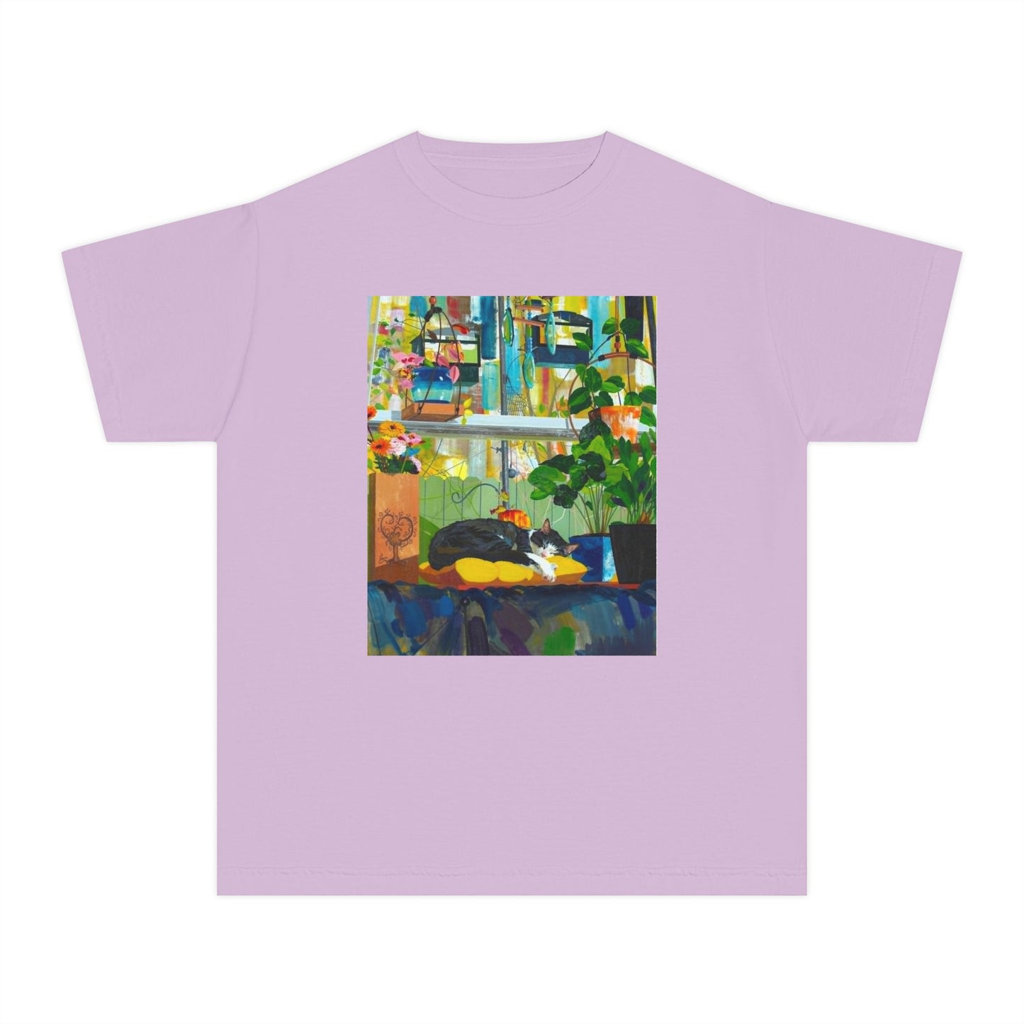 Youth Tee — Cozy Window Cat Print