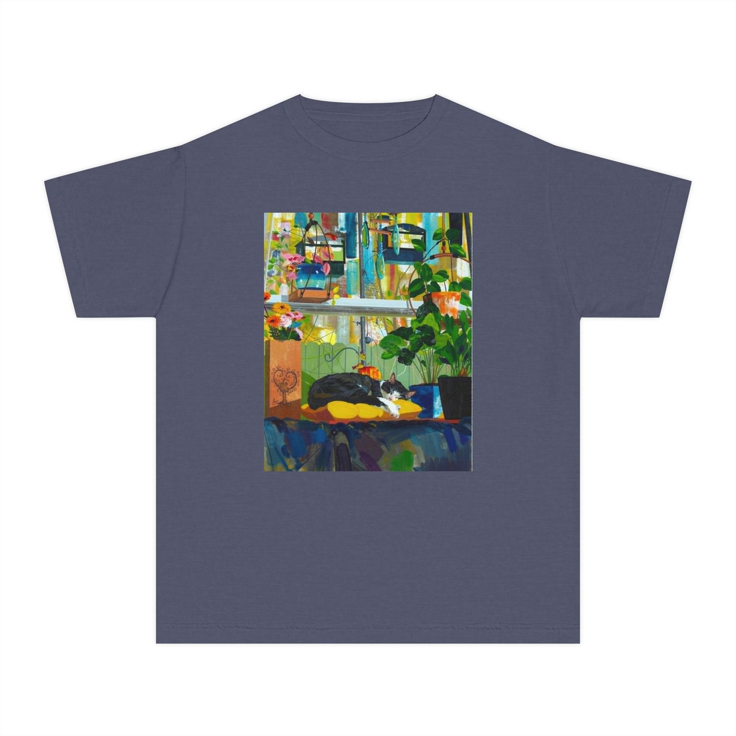 Youth Tee — Cozy Window Cat Print
