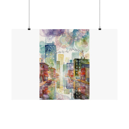 Watercolor Cityscape Matte Poster — Vibrant Urban Street Art Print