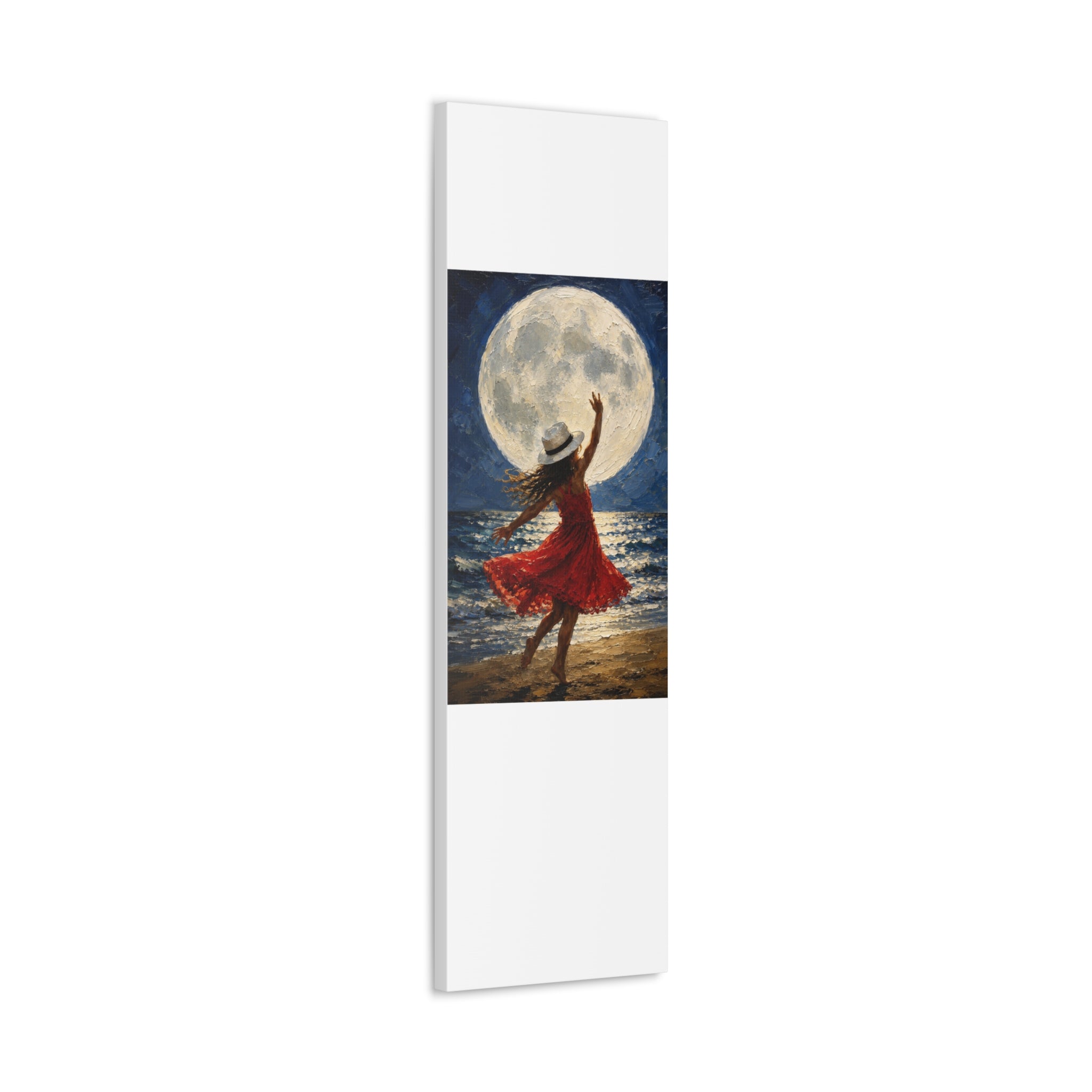 Moonlit Dance Canvas Wall Art – Woman in Red Dress Beach Painting