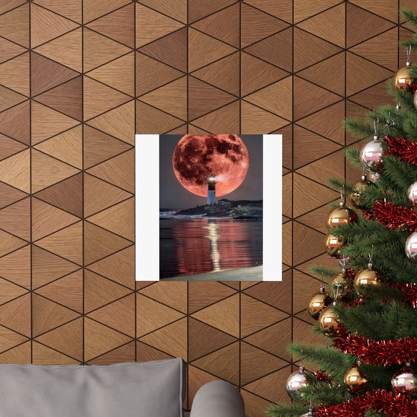 Red Moon Lighthouse Matte Vertical Poster — Surreal Coastal Wall Art