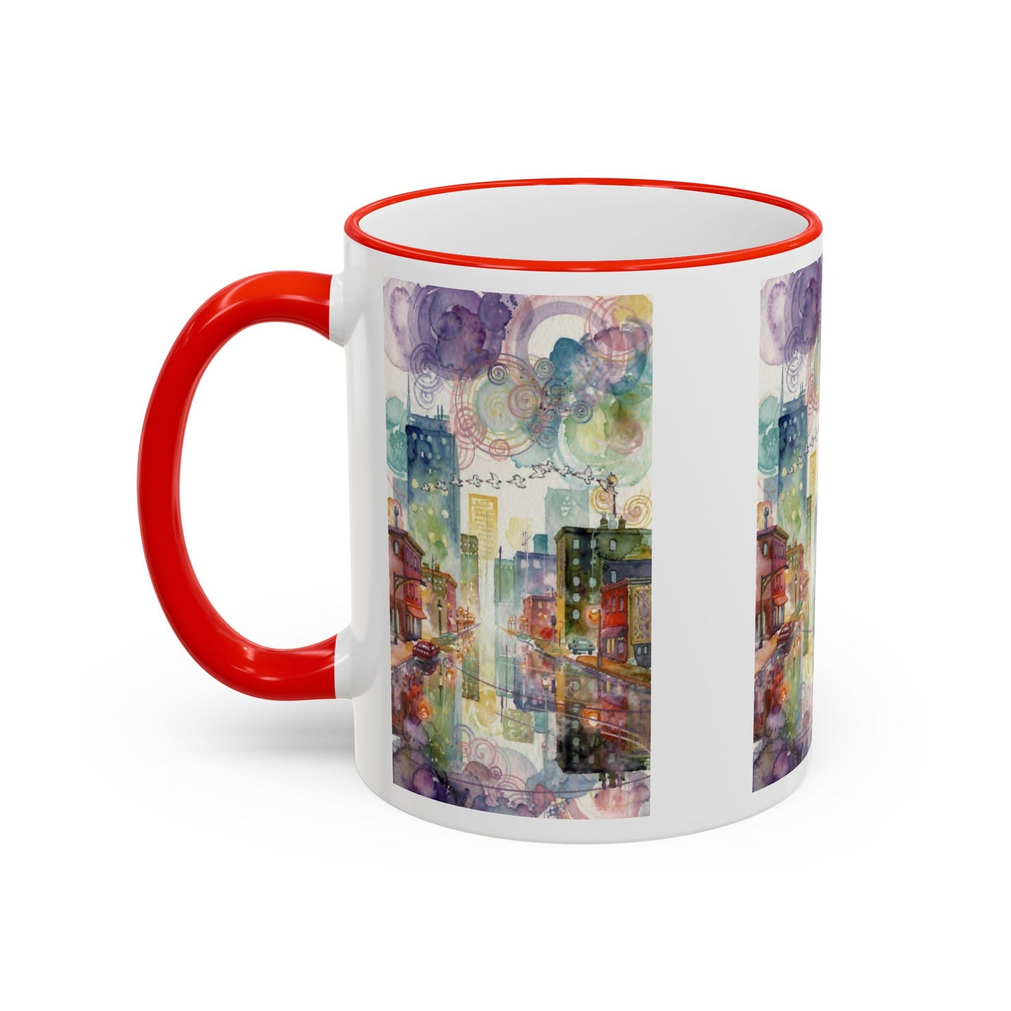 Abstract Cityscape Accent Rim Mug – Colorful Urban Watercolor Coffee Cup (11oz/15oz)