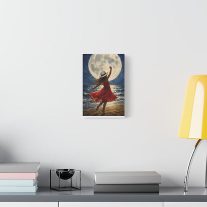 Moonlit Dance Canvas Wall Art – Woman in Red Dress Beach Painting