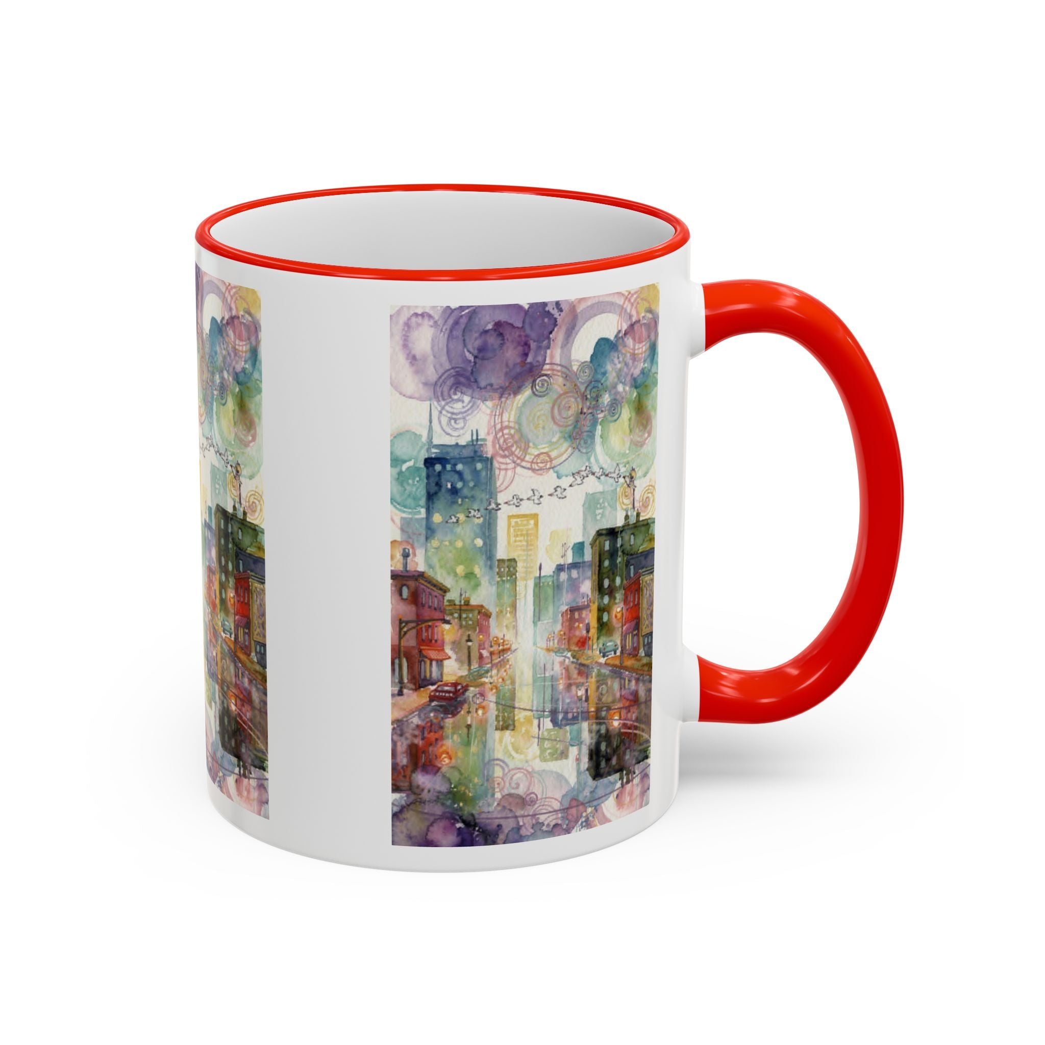 Abstract Cityscape Accent Rim Mug – Colorful Urban Watercolor Coffee Cup (11oz/15oz)