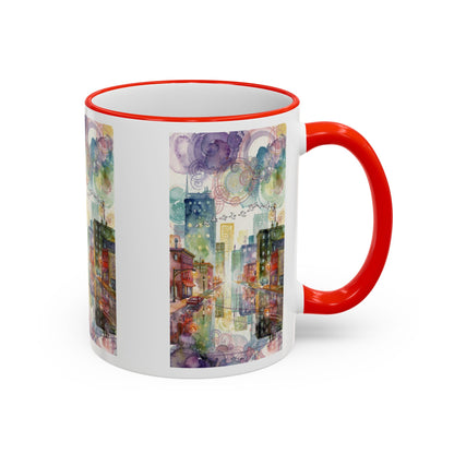 Abstract Cityscape Accent Rim Mug – Colorful Urban Watercolor Coffee Cup (11oz/15oz)