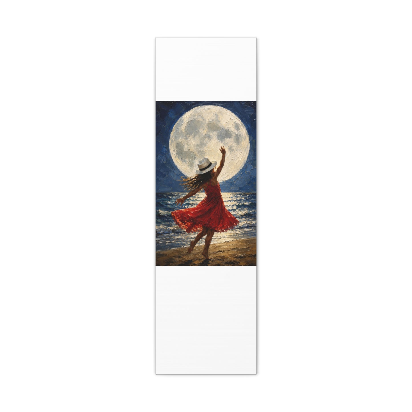 Moonlit Dance Canvas Wall Art – Woman in Red Dress Beach Painting