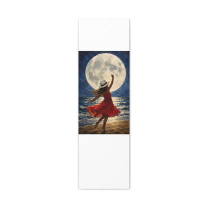 Moonlit Dance Canvas Wall Art – Woman in Red Dress Beach Painting
