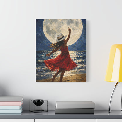 Moonlit Dance Canvas Wall Art – Woman in Red Dress Beach Painting