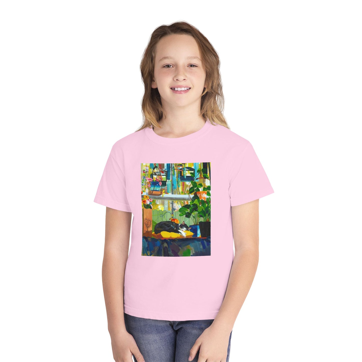 Youth Tee — Cozy Window Cat Print