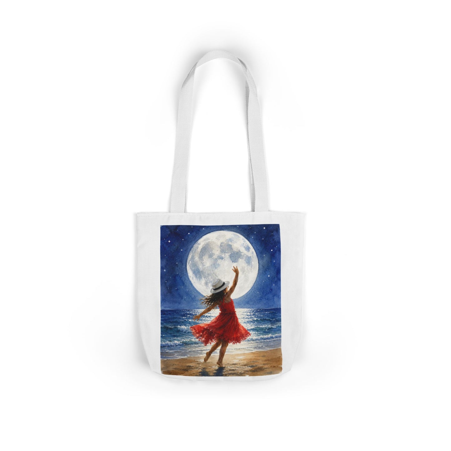 Moonlit Dance Canvas Tote Bag — Woman in Red Dress Beach Art Tote