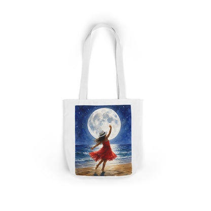 Moonlit Dance Canvas Tote Bag — Woman in Red Dress Beach Art Tote