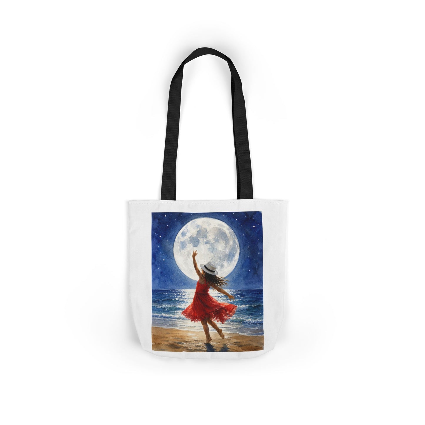 Moonlit Dance Canvas Tote Bag — Woman in Red Dress Beach Art Tote