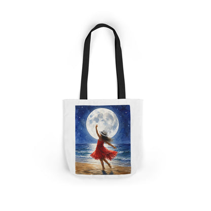 Moonlit Dance Canvas Tote Bag — Woman in Red Dress Beach Art Tote