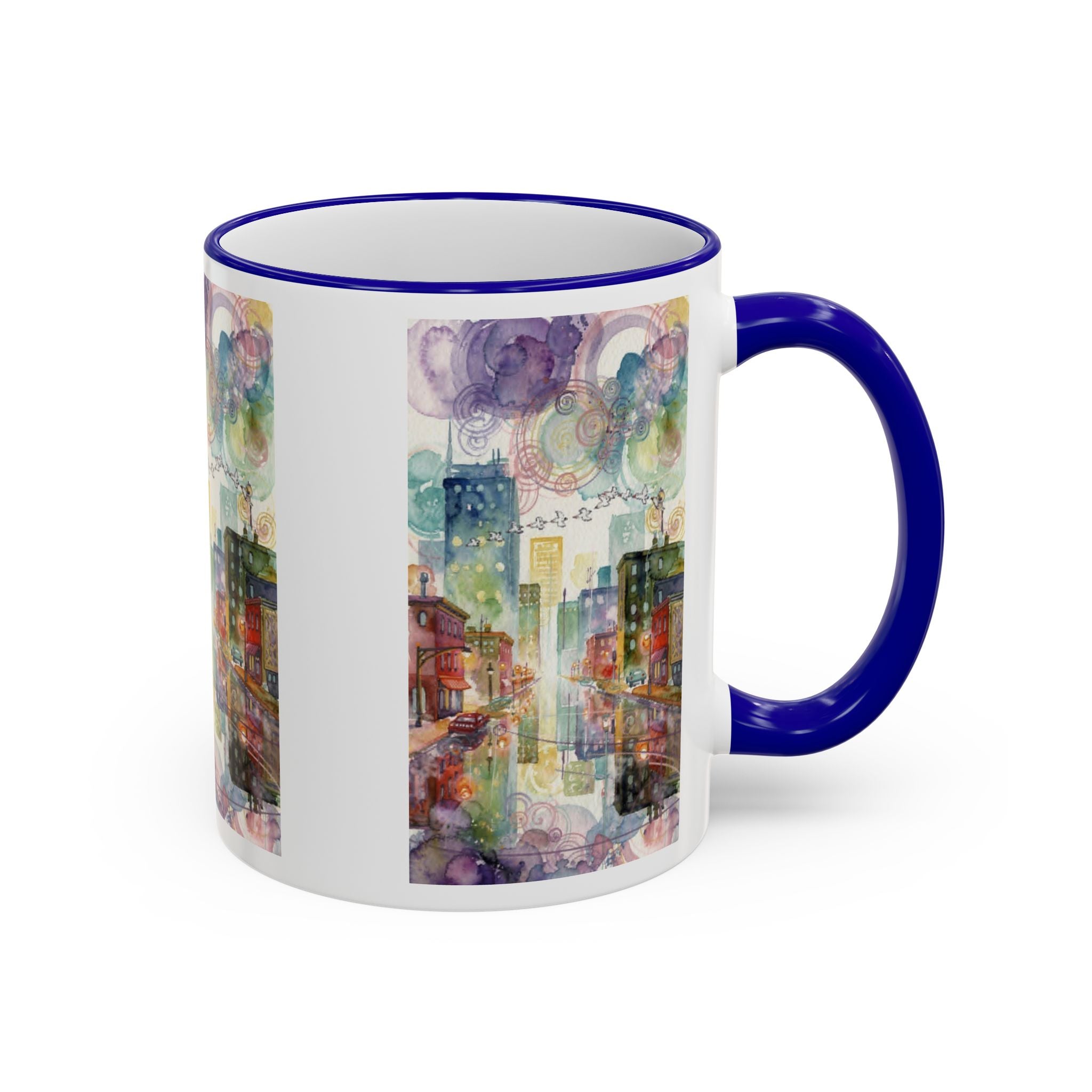 Abstract Cityscape Accent Rim Mug – Colorful Urban Watercolor Coffee Cup (11oz/15oz)
